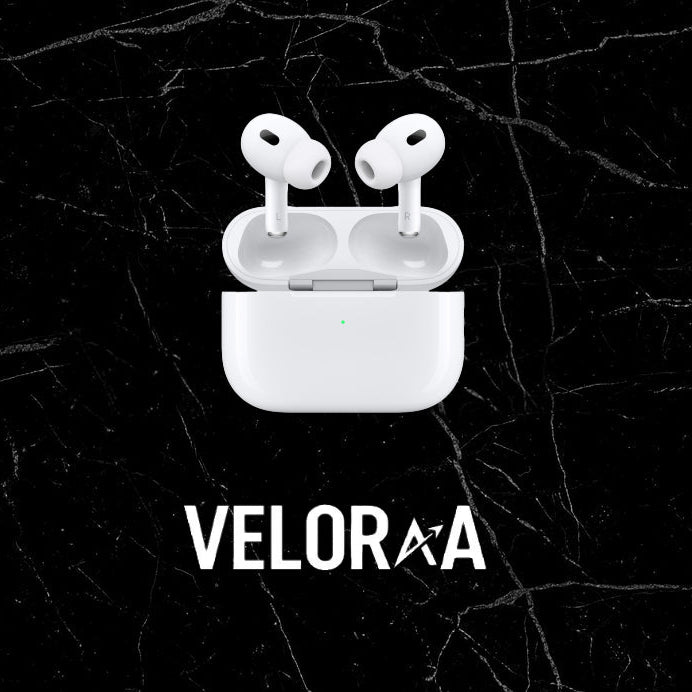 White wireless earbuds in a charging case on a black textured background with VELORAA branding.
