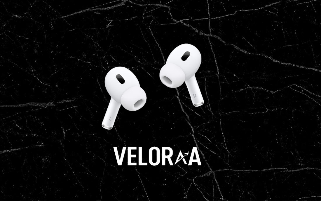 Veloraa White earbuds on a black textured background with VELORAA branding.